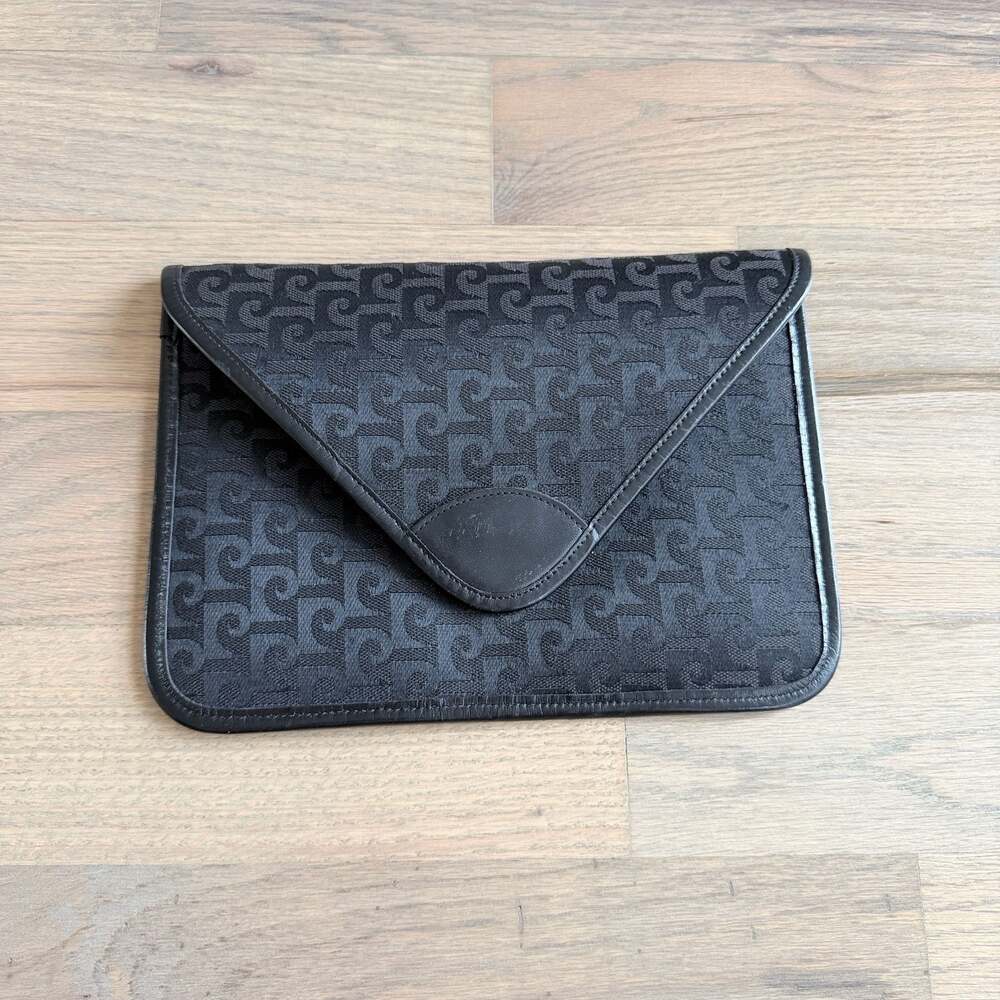 Vintage Pierre Cardin Black Monogram Jacquard and Leather Envelope Clutch